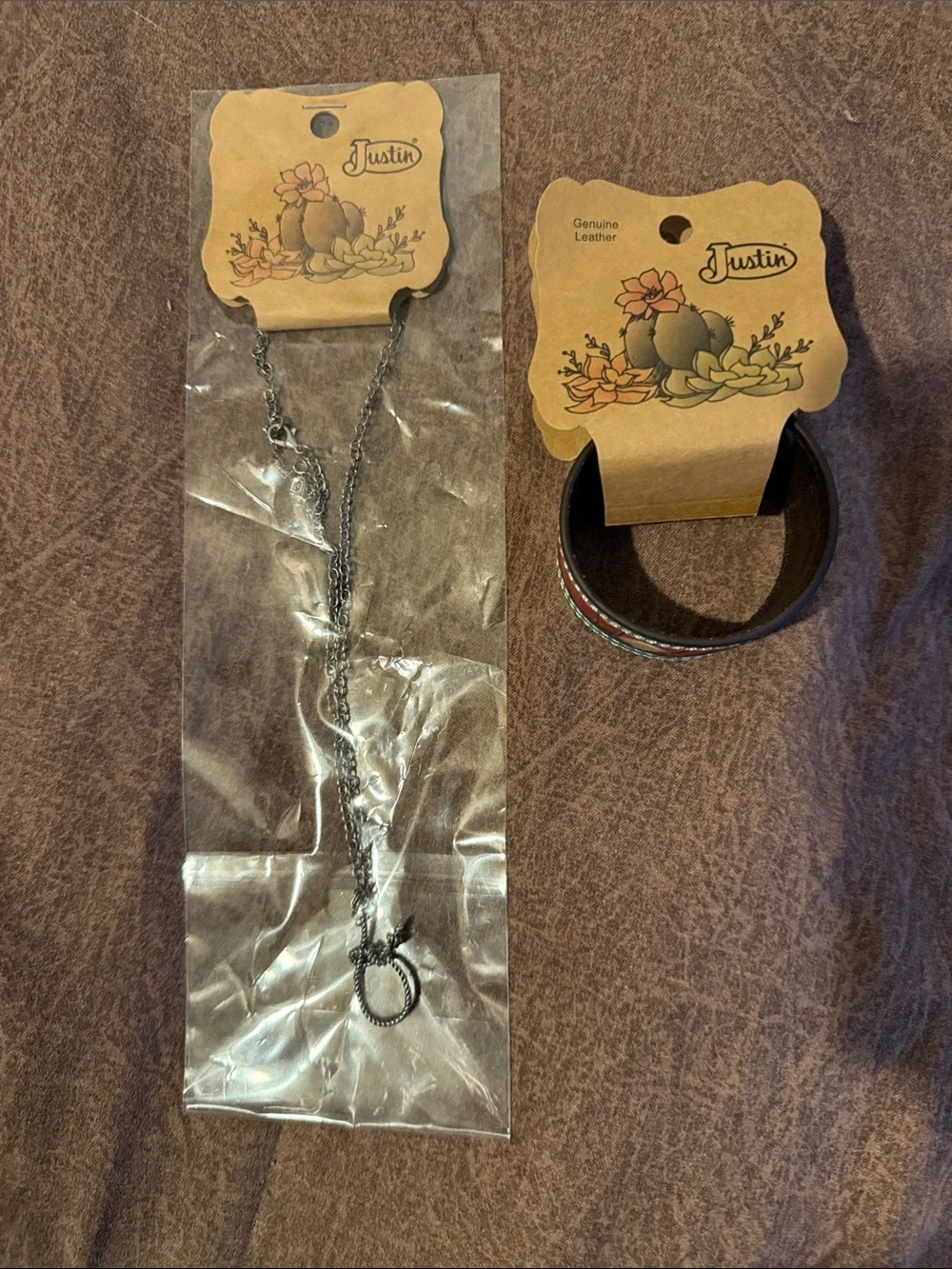 Justin Boots Kids Silver Necklace with Brown Leather Bracelet